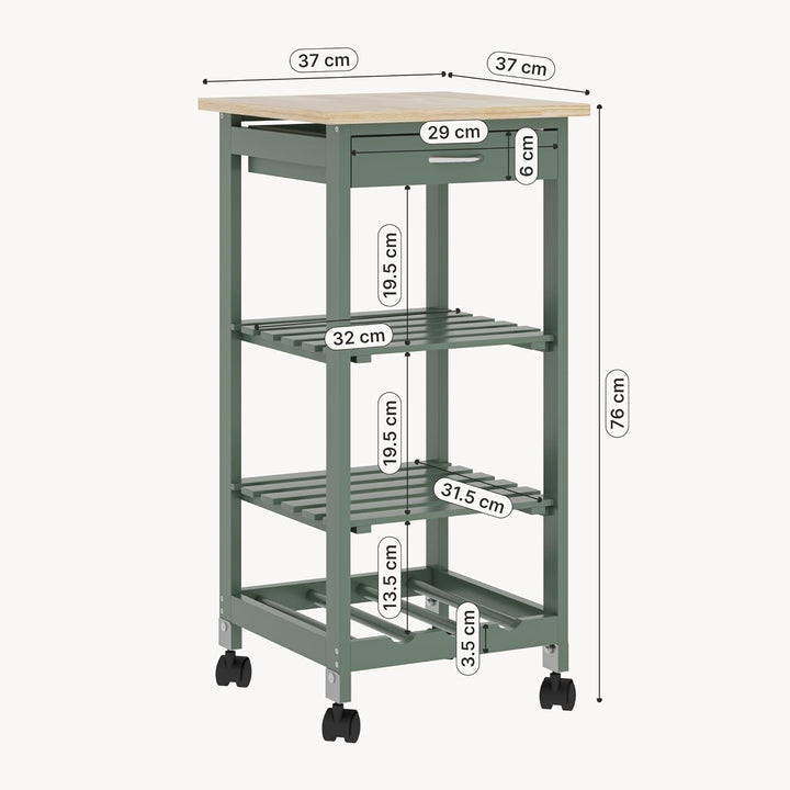 [en.casa] Servierwagen Biel Grün/Holzfarben 76 x 37 x 37 cm Küchenwagen Aufbewahrungsregal mit Rolle