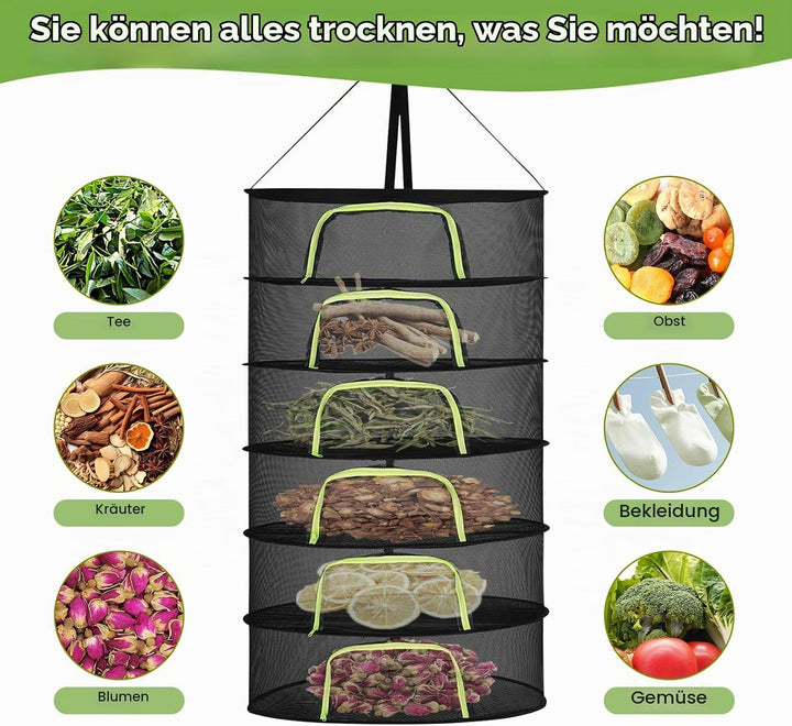 6 Lagiges Trockennetz Kräuter, Kräutertrockner Hängend Reissverschluss Klappba für Pflanzen, Gemüse,