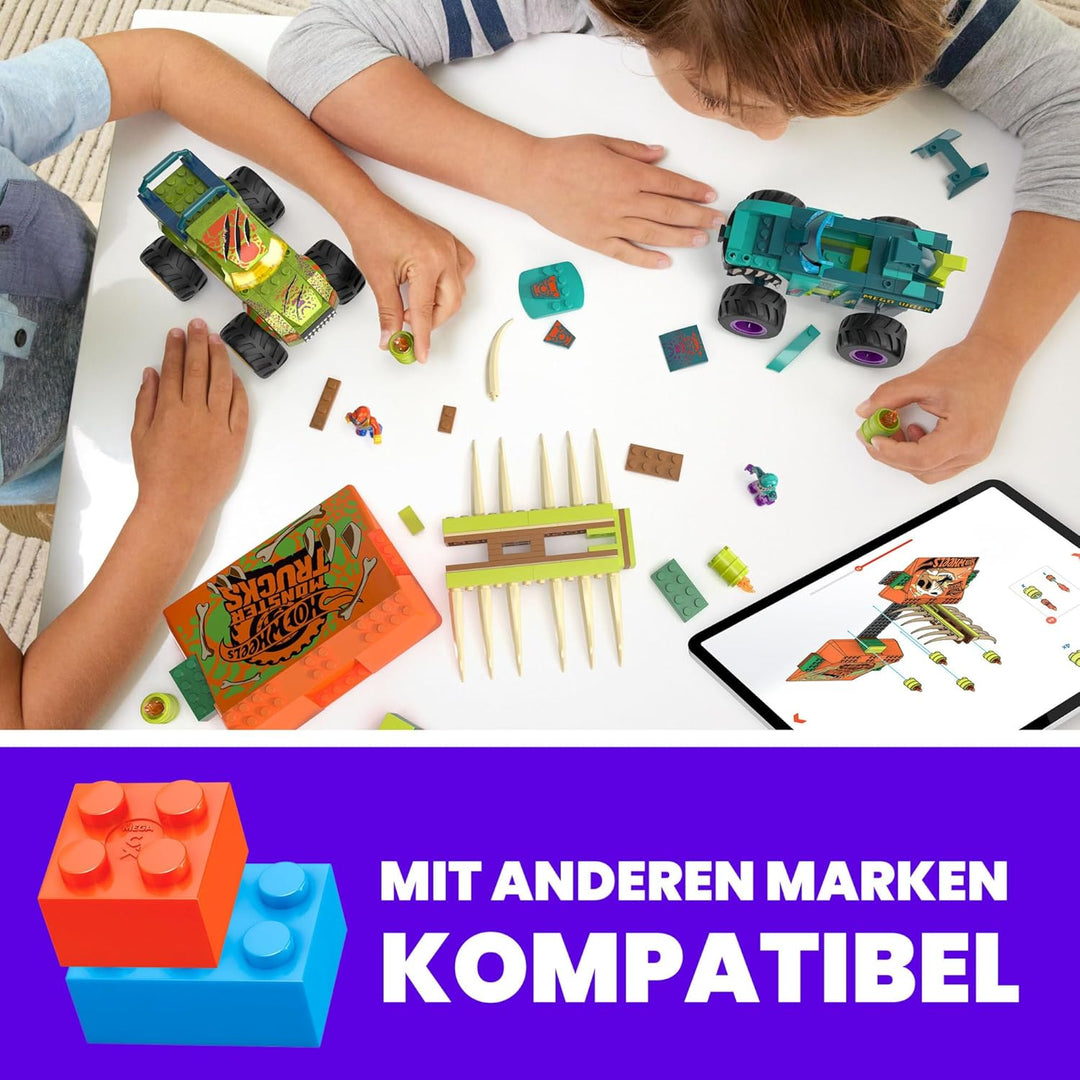MEGA Hot Wheels Monster Trucks Bauspielzeug, Smash &amp; Crash Mega-Wrex Boneyard Stuntparcours mit 332