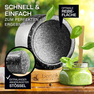 besøk Mörser mit Stössel aus natürlichem Granit mit Holzlöffel, Reinigungsbürste, Pesto Rezeptheft u