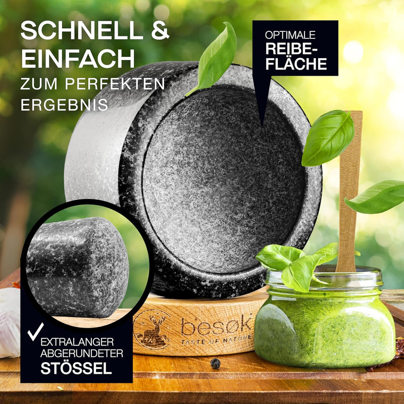 besøk Mörser mit Stössel aus natürlichem Granit mit Holzlöffel, Reinigungsbürste, Pesto Rezeptheft u