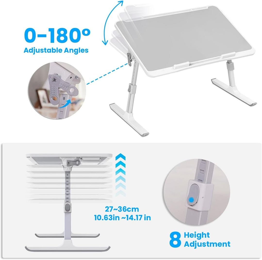 Laptop-Schreibtisch für Bett mit Klappbeinen, Tablet-Slot, Aufbewahrungsschublade und Silikon-Handge