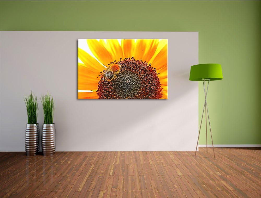 Biene auf Sonnenblume Deluxe Format: 100x70 cm auf Leinwand, XXL riesige Bilder fertig gerahmt mit K