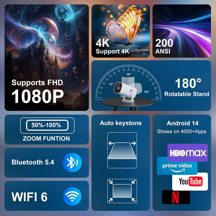 Mini Beamer Unterstützt 4K 1080P, Tragbarer Projektor mit WiFi 6 BT 5.4, Automatische Trapezkorrektu