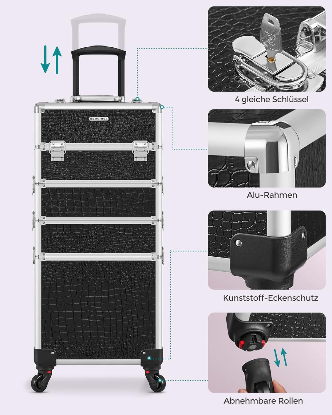 SONGMICS Alu Trolley, Kosmetikkoffer mit Rollen, Friseurkoffer, Schminkkoffer ohne Inhalt, Handgepäc