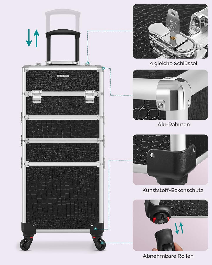 SONGMICS Alu Trolley, Kosmetikkoffer mit Rollen, Friseurkoffer, Schminkkoffer ohne Inhalt, Handgepäc