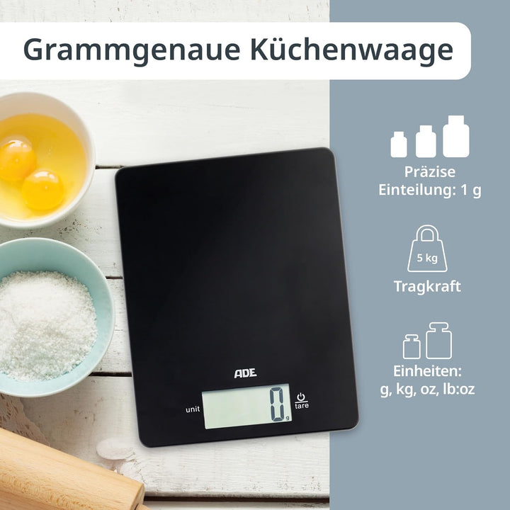 ADE Digitale Küchenwaage mit 5 kg Tragkraft | präzise Grammwaage | grosses Display | extra flacher K