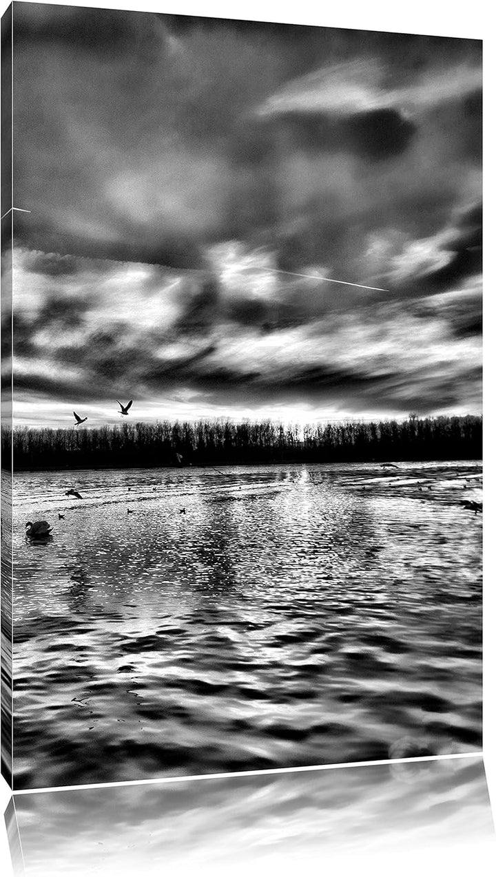 Pixxprint Schwäne im Sonnenuntergang / 100x70cm Leinwandbild bespannt auf Holzrahmen/Wandbild Kunstd