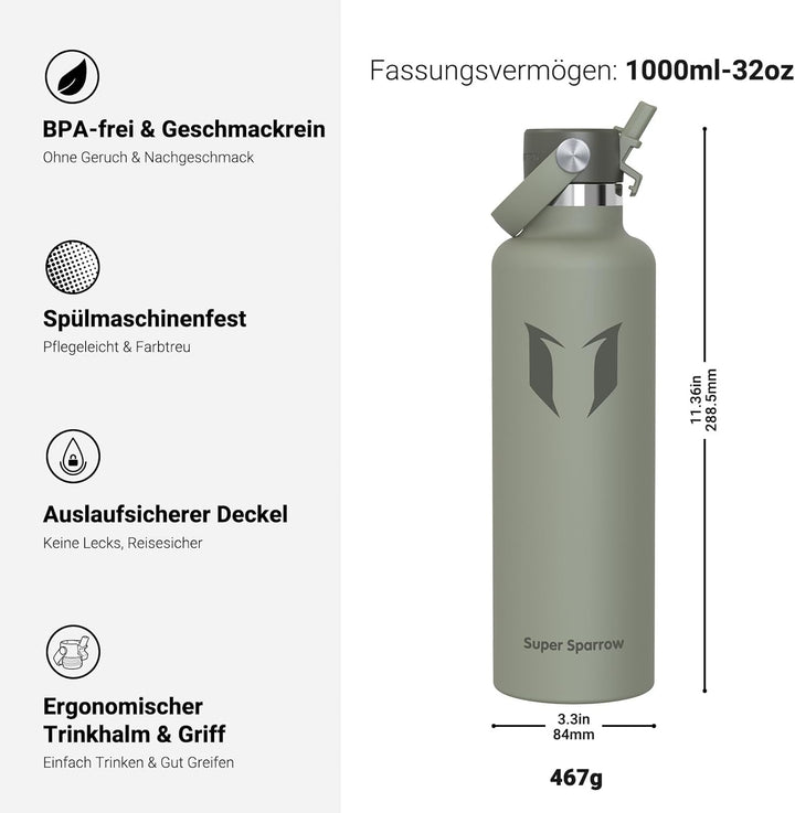 Super Sparrow Trinkflasche Edelstahl - Thermobecher - 350ml, 500ml, 750ml, 1L, 1.2L - FlipFlow Trink