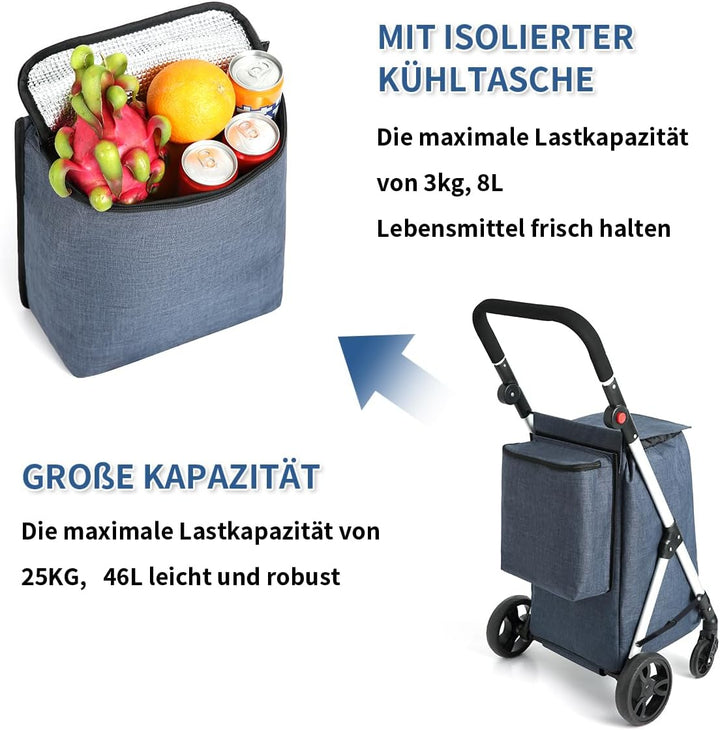 Einkaufstrolley, 46L Trolly Einkaufswagen Klappbar, 4 Rädern Aluminium Leichtgewicht Einkaufstrolley