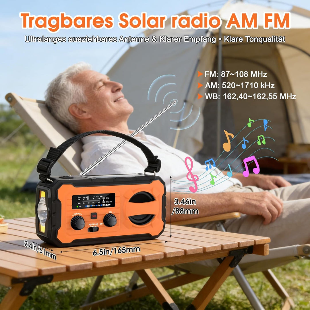 Kurbelradio, Tragbares Solarradio mit AM/FM, 10000mAh Powerbank, Notfallradio mit SOS-Alarm, LED-Tas