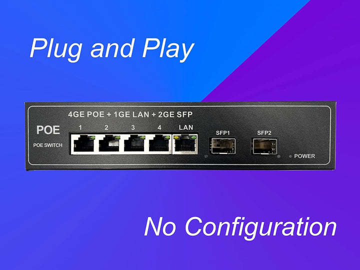 Elfcam® - PoE Switch Glasfaser mit 2 Ports SFP 1,25 GB, 4 Ports PoE Gigabit Ethernet 10/100/1000 Mbp