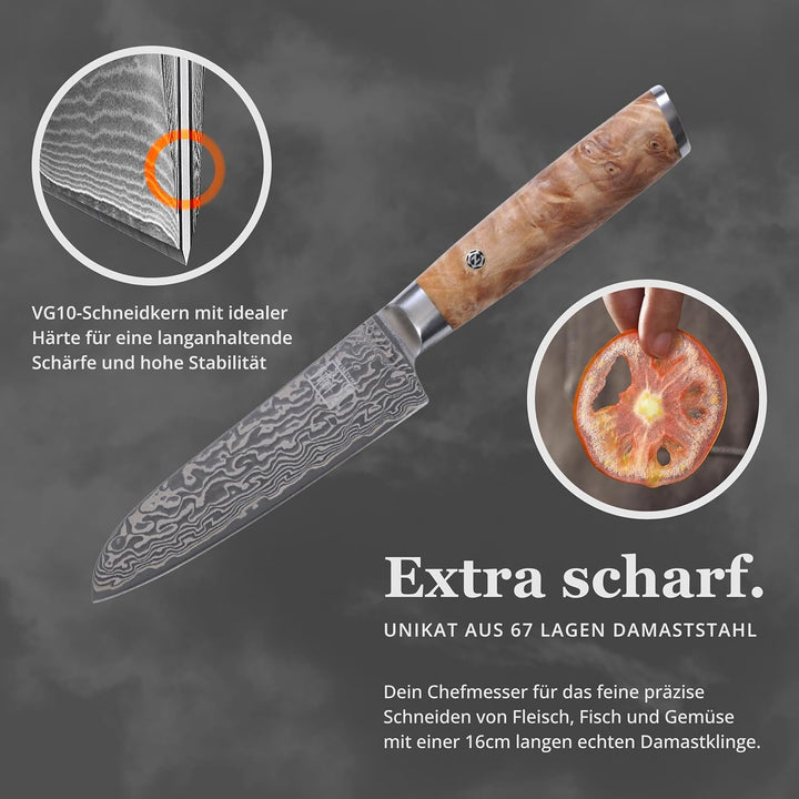 zayiko Kinone Premium Kleines Santokumesser - 12 cm Klinge, 67 Lagen Damaststahl, ergonomischer Birk
