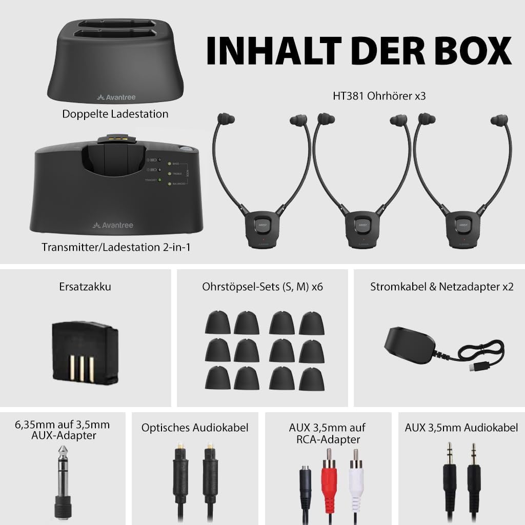 Avantree HT3831 – Kabellose TV Kopfhörer für Senioren &amp; Funkkopfhörer mit L/R Lautstärkeregelung, Um