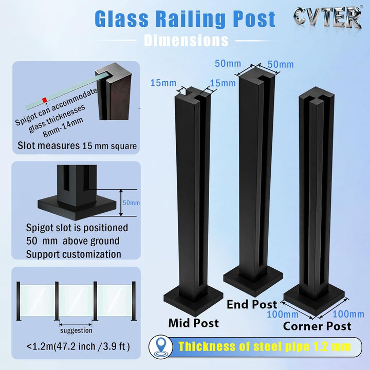 Cvter GlasGeländerpfosten, 65 cm – Glasklemme aus Edelstahl für 0,8–1,2 cm dickes, Balkongeländer gl