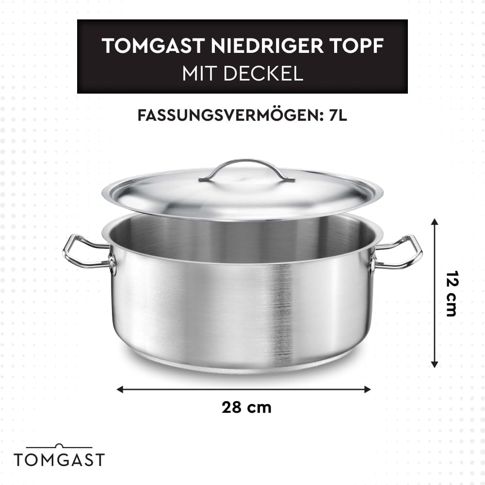 Topf Durchmesser 28 cm mit Deckel PRO | Fassungsvermögen 7 l, Höhe 12 cm | Edelstahl | Geschichteter