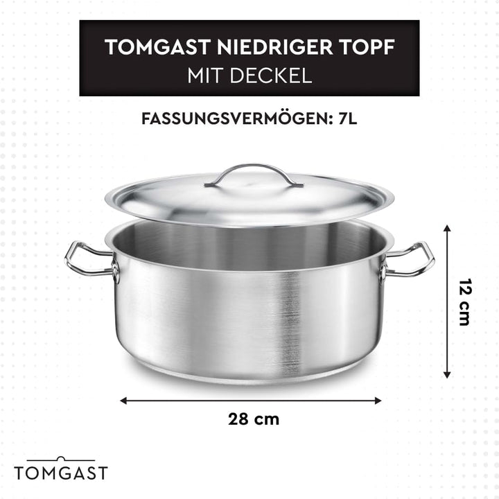 Topf Durchmesser 28 cm mit Deckel PRO | Fassungsvermögen 7 l, Höhe 12 cm | Edelstahl | Geschichteter