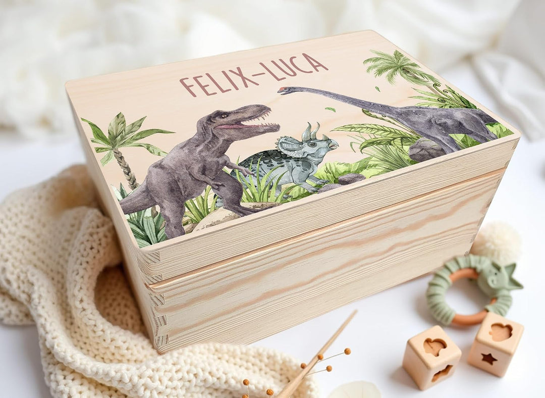 Little Deco Personalisierte Erinnerungsbox Baby Holzkiste mit Dinosaurier | M - 30 x 20 x 13 cm | Ge