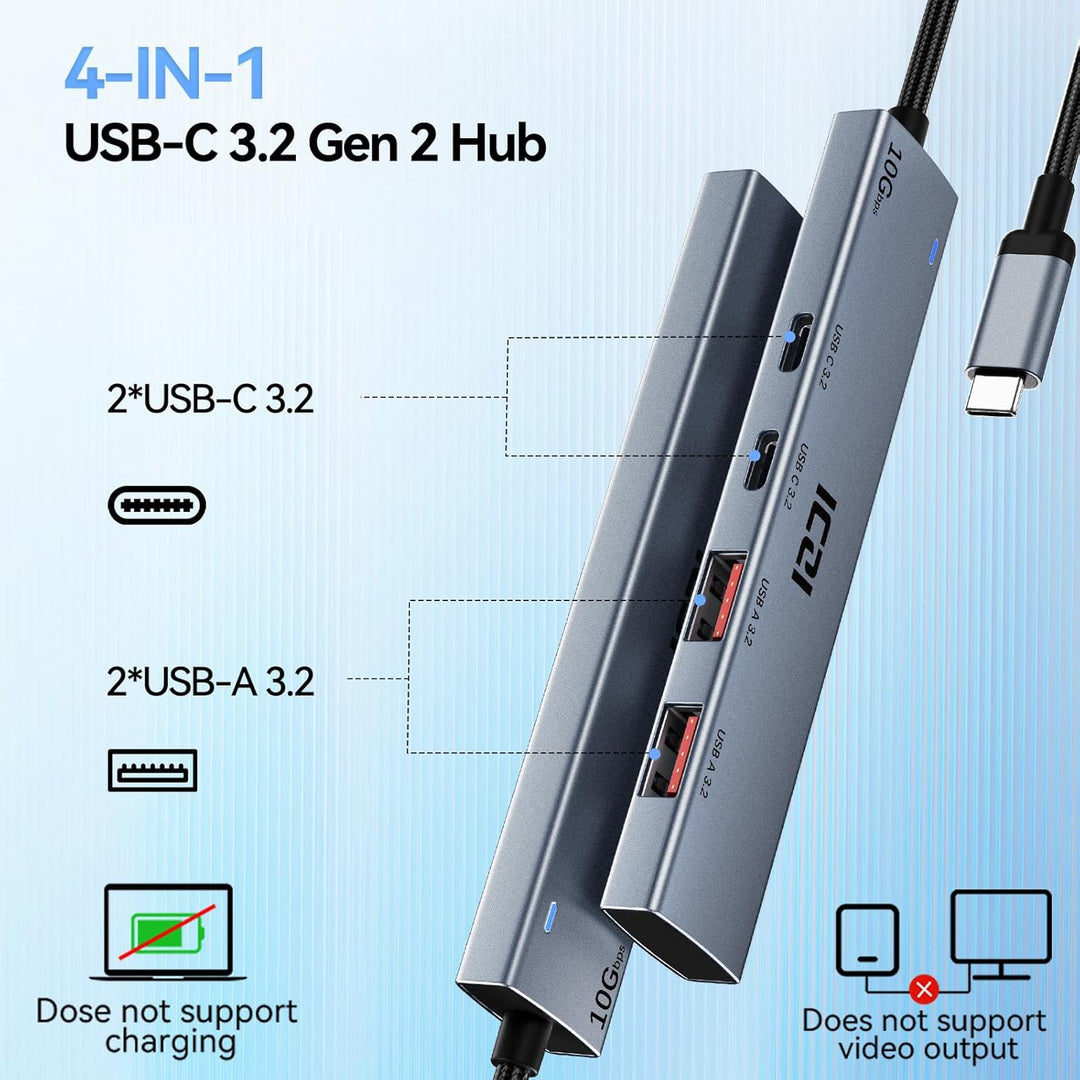 ICZI USB C Hub 4 Port 10Gbps Verteiler Multiport Adapter 120cm Kabel mit 2*USB C 3.2 und 2*USB A 3.2