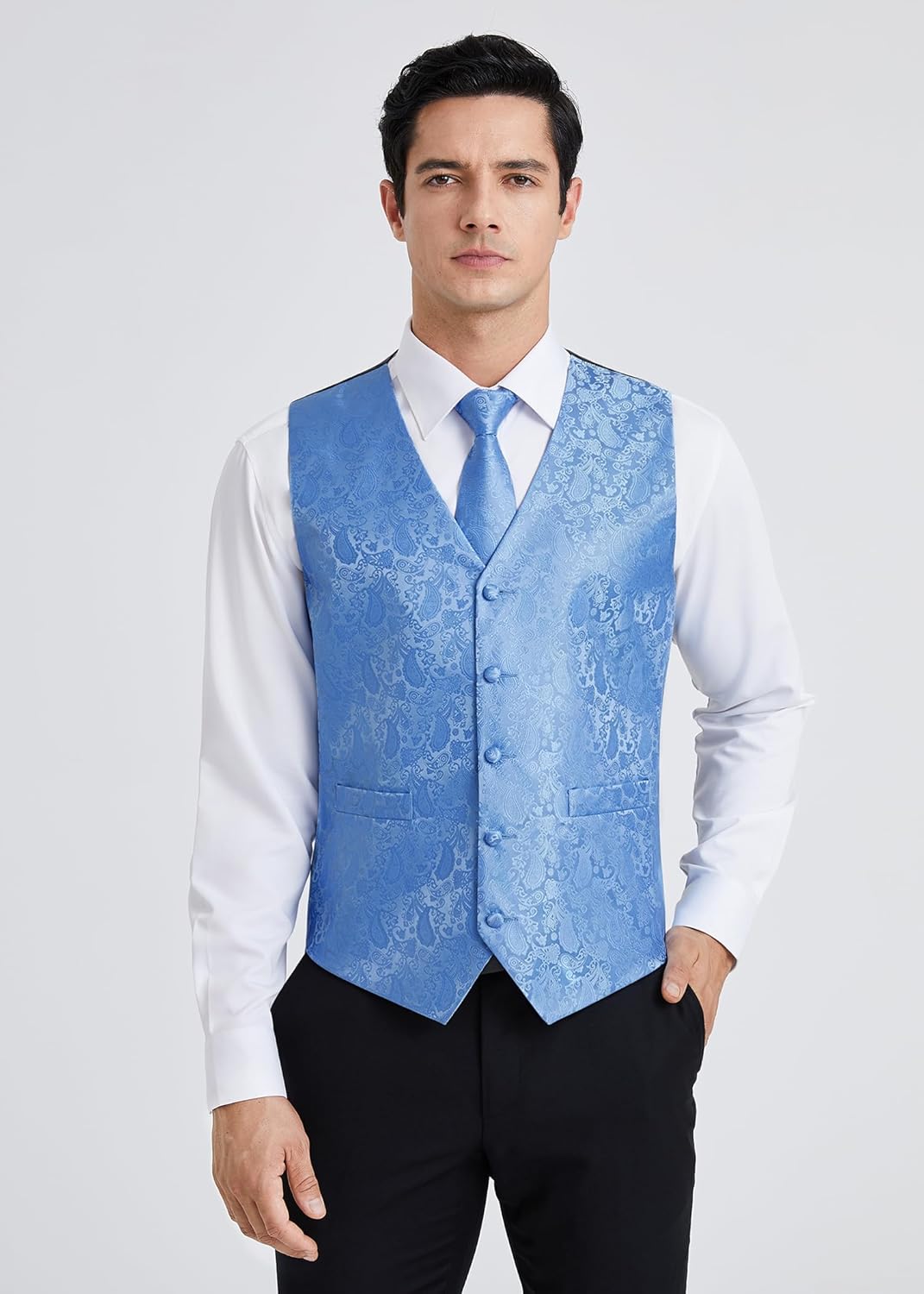 HISDERN Herren Weste Paisley Floral Jacquard Krawatte Einstecktuch Taschentuch Weste Anzug Set XL He