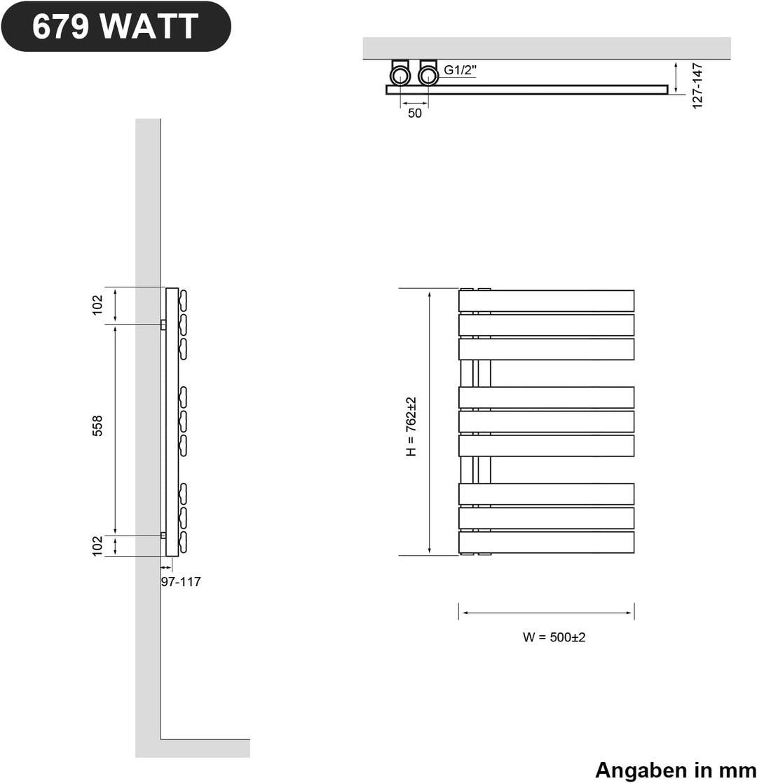 SONNI Badheizkörper Flach Handtuchtrockner 762 x 500 mm Weiss Handtuchwärmer Seitenanschluss Panel H