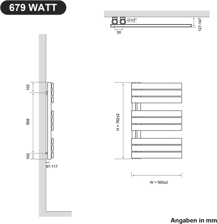 SONNI Badheizkörper Flach Handtuchtrockner 762 x 500 mm Weiss Handtuchwärmer Seitenanschluss Panel H