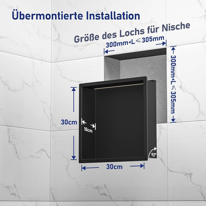 Wandnische Dusche Edelstahl mit LED-Streifenlicht, 30 cm x 30 cm, Wasserdicht - Keine Fliesen Erford