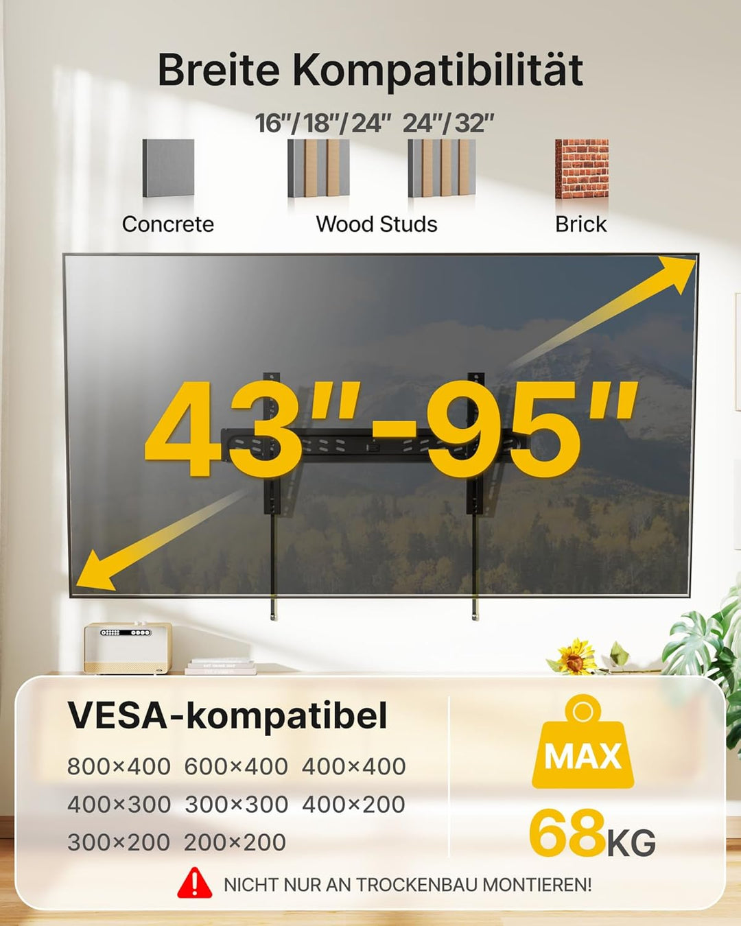 monTEK TV Wandhalterung Fernseher für 43-95 Zoll Flach &amp; Curved LCD LED Fernseheroder, Tv Halterung