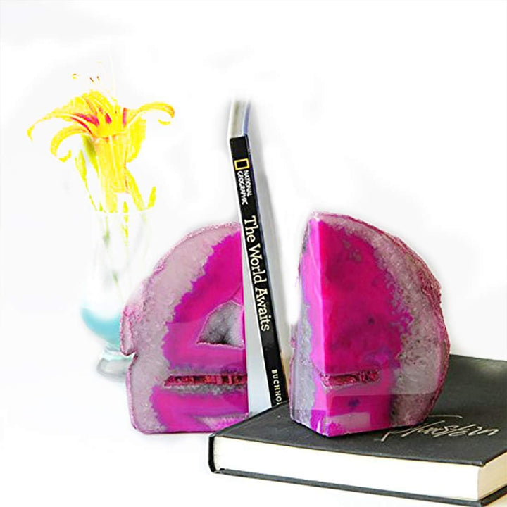 JIC Gem Dekorative Kristall-Buchstützen, poliert, gefärbt, rosa, Geode, brasilianischer Achat, Buchs