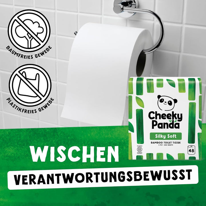 The Cheeky Panda Toilettenpapier aus Bambus - 48 Rollen mit je 200 Blatt - 3-Lagig - Hypoallergen -