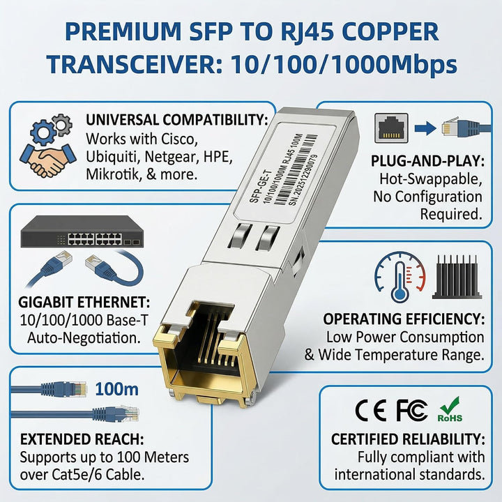 SFP+-Transceiver | RJ45G-SFP-zu-LC-Singlemode-Glasfasermodul | Kompatibel mit Cisco, Ubiquiti, Netge