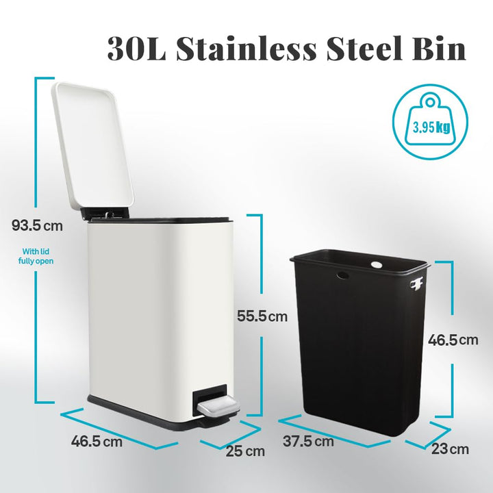 Mülleimer Küche, 30 Liter Abfalleimer, Rechteckig Tretmülleimer，Küchenmülleimer mit Softclose-Deckel