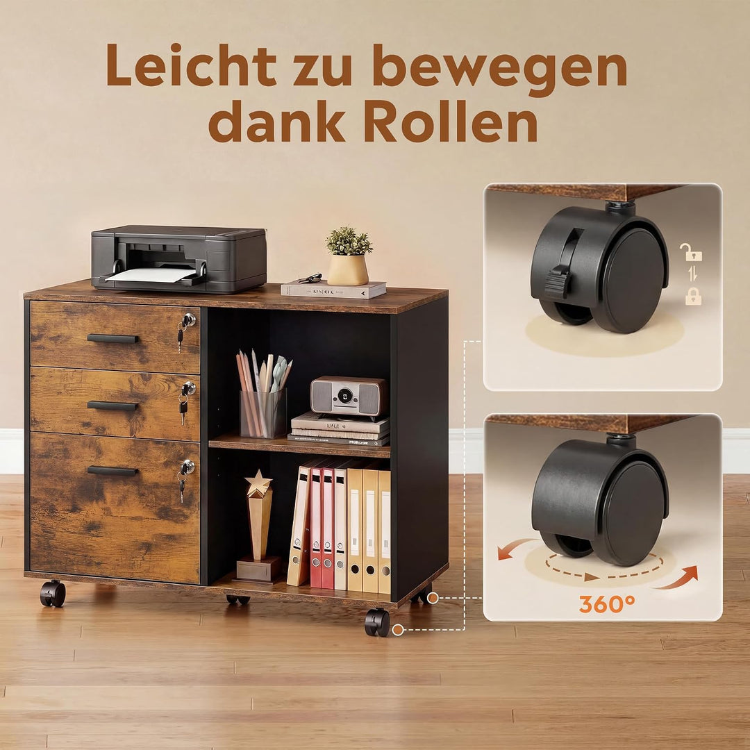 DEVAISE Rollcontainer mit 3 Schubladen und offenen Ablagen, Mobiler Aktenschrank mit Rollen, Drucker