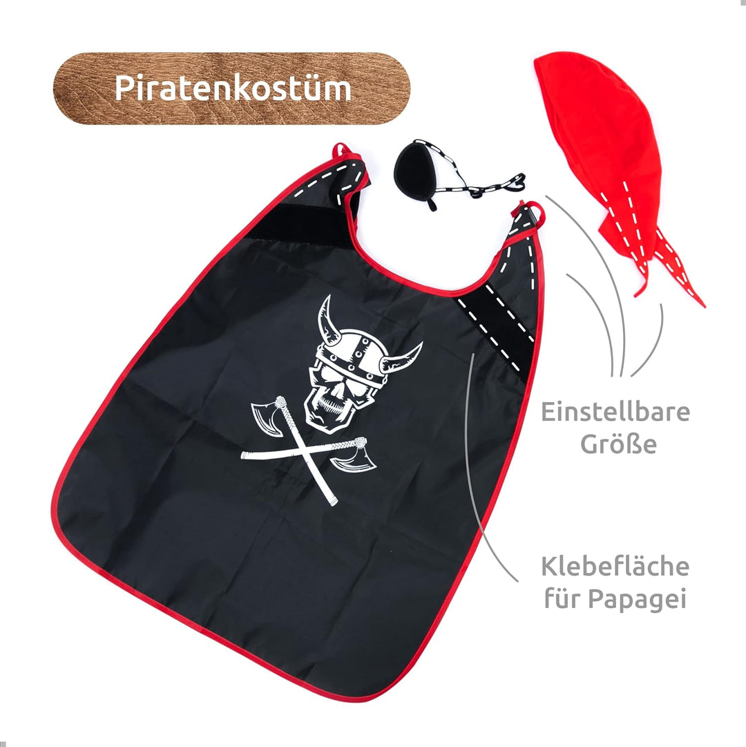UMU® Kinder Holz Piraten Spielset mit Piratenkostüm inkl. Piratenumhang, Augenklappe, Papagei, Schat