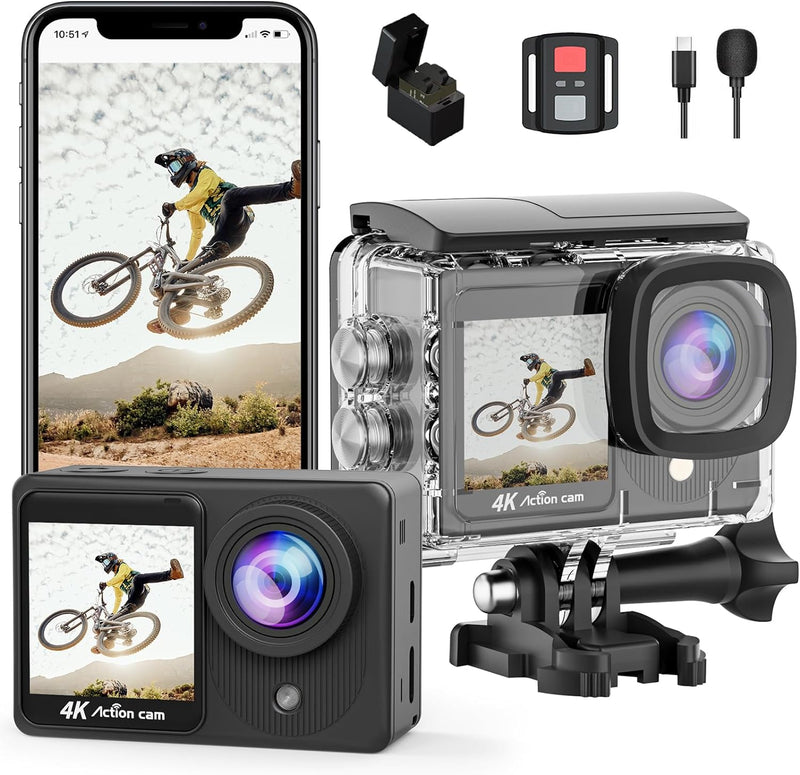 TIMNUT 4K Action Cam Touchscreen - Dual Screen 40M Unterwasserkamera 170°Weitwinkel Helmkamera 20MP