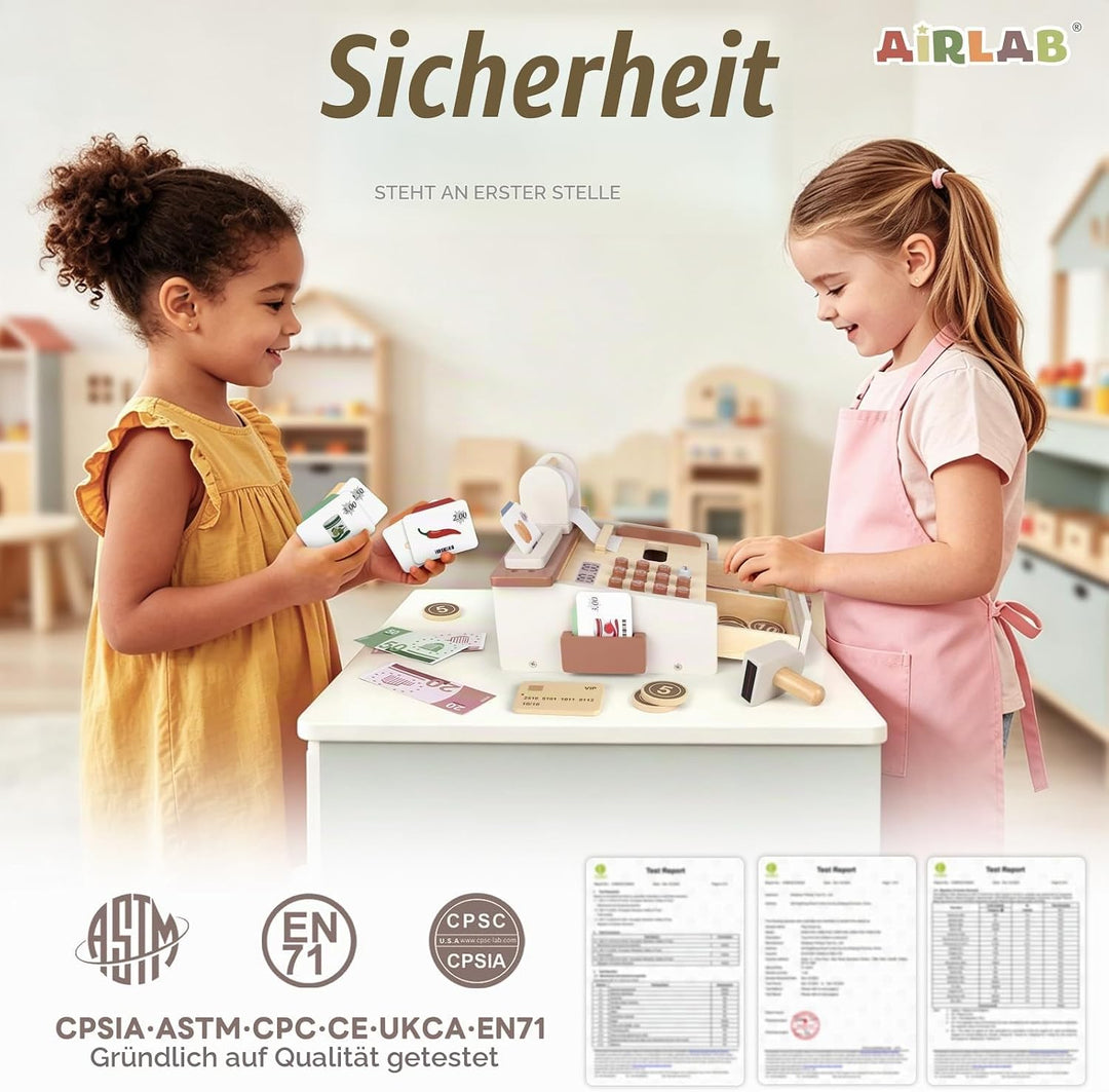 Airlab Kaufladen Zubehör Holz Kasse Spielzeug, Holzspielzeug Kasse Kinder, Kinderkasse mit Scanner S