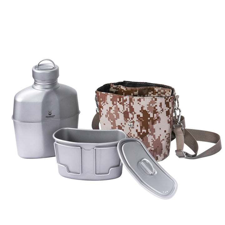 SILVERANT Titan Canteen Militär Verpflegungsset – 1000ml Wasserflasche mit 500ml verschränktem Beche