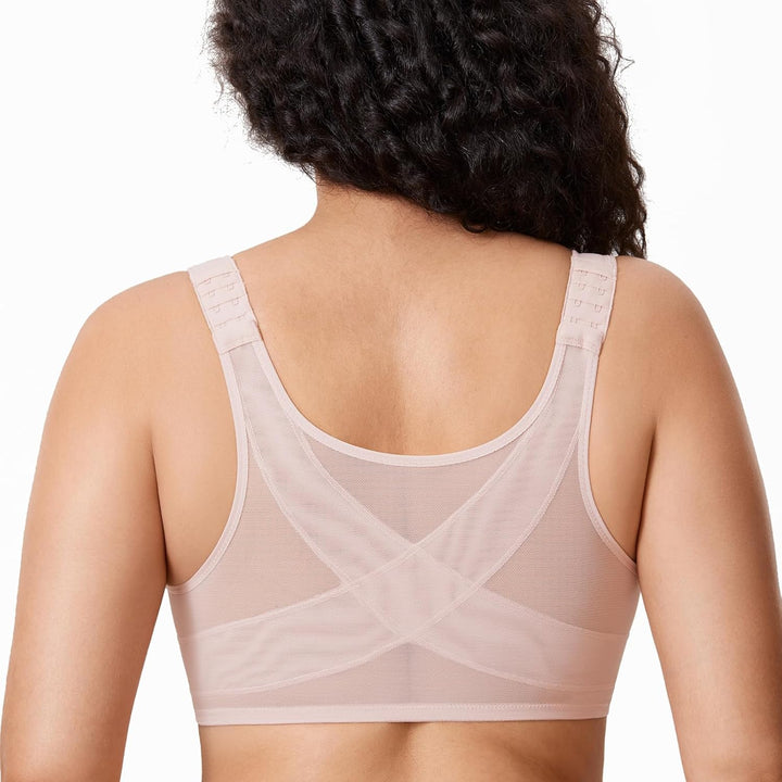 DELIMIRA Damen BH mit Vorderverschluss Grosse Grössen Haltungskorrektur Seamless BHS mit Bügel Tshir