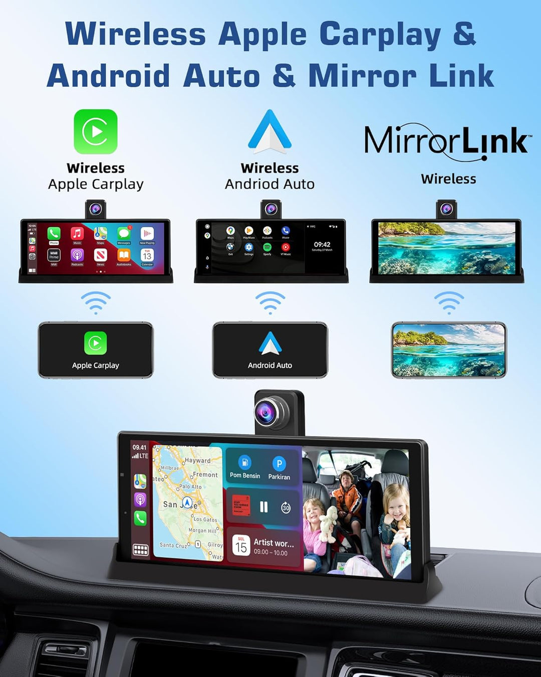 4K Carplay Display Android Auto Display mit Exklusive Halterung, 350° Drehbare Frontkamera 10,26 Zol