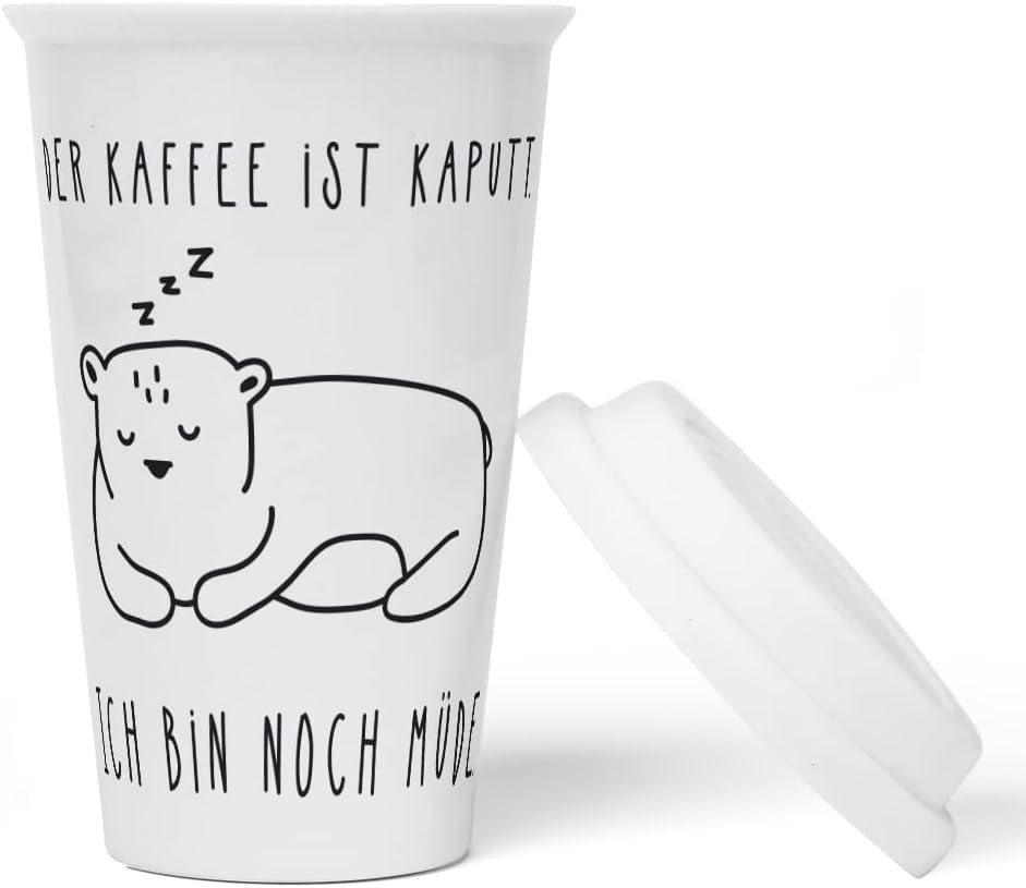 JUNIWORDS To-Go Becher mit Deckel, Der Kaffee ist kaputt. Ich bin noch müde