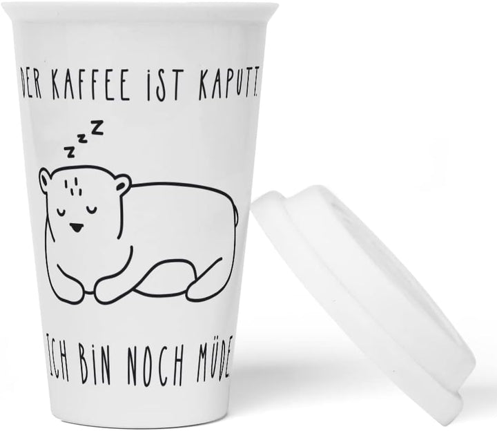 JUNIWORDS To-Go Becher mit Deckel, Der Kaffee ist kaputt. Ich bin noch müde