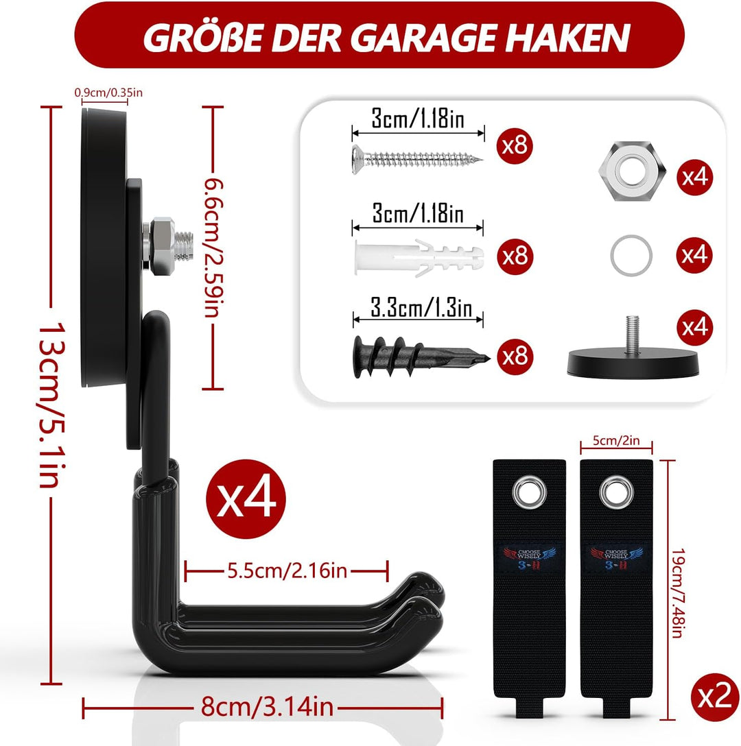 3-H 4 Stück Garage Haken Magnetische Haken Magnethaken Doppelhaken mit 2 Aufbewahrungsgurt für Gerät