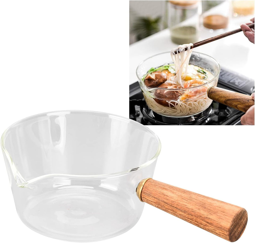 Milchtopf aus Glas mit V-Ausguss und Holzgriff, 400ml, Hitzebeständig, für Milch, Sossen, Nudeln, 40