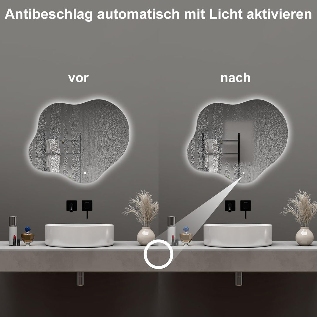 Aica Sanitär Badspiegel Asymmetrisch 50×45cm 3 Lichtfarben dimmbar Memory Touch Wandschalter Beschla