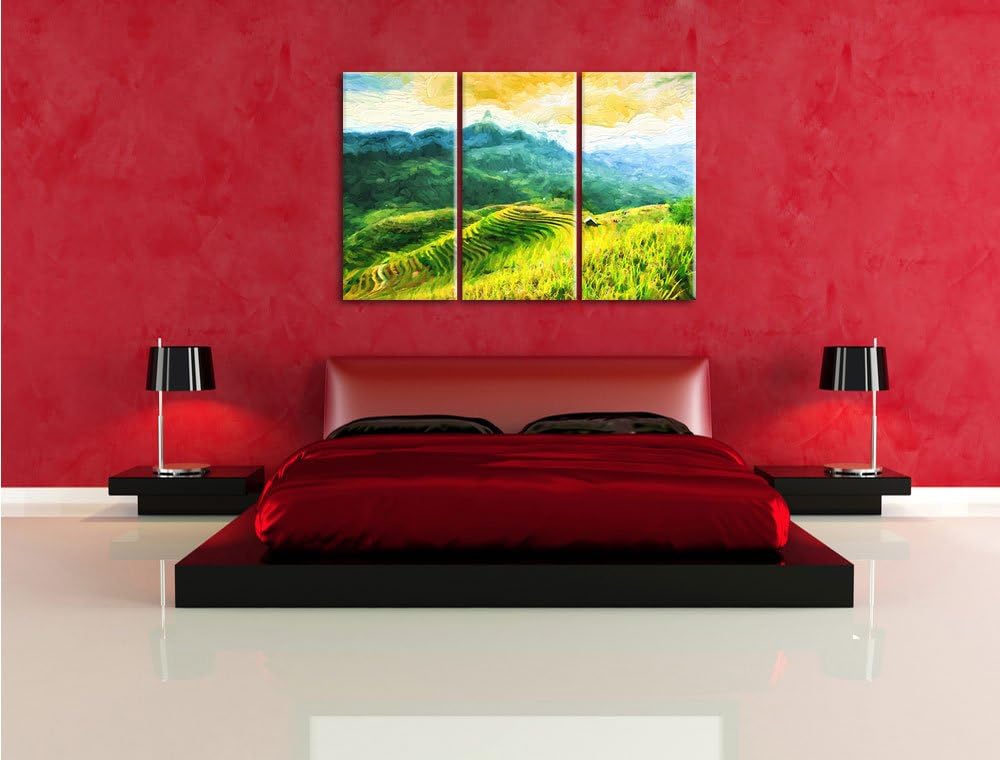 Pixxprint Reisfelder in Vietnam Kunst Pinsel Effekt 3-Teiler Leinwandbild 120x80 Bild auf Leinwand