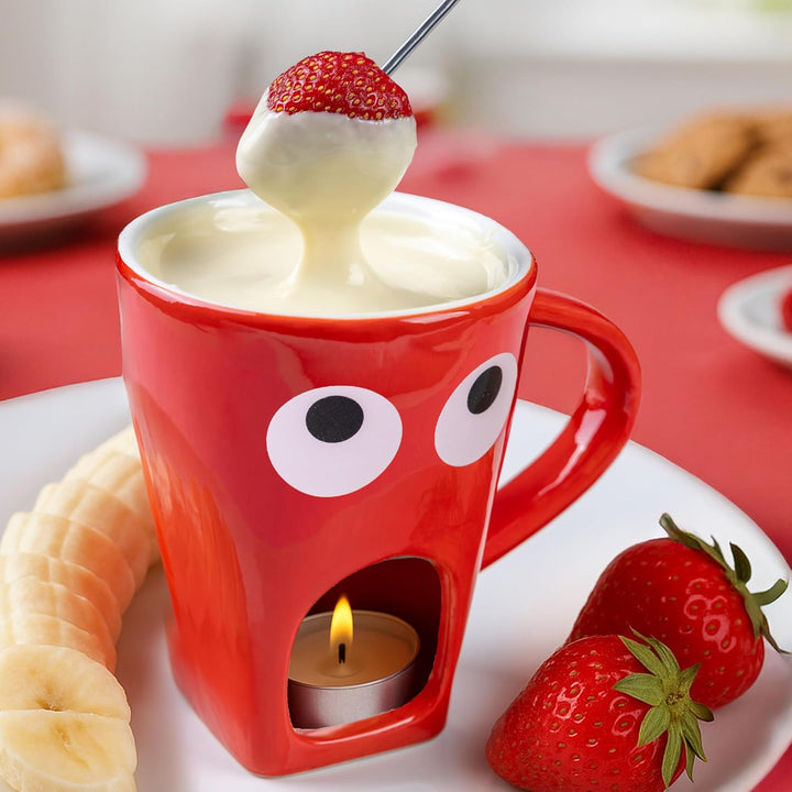 Fisura - Fondue Tasse für Schokolade und Käse, rote Keramiktasse 140 ml mit Gabel, originelle Gesche