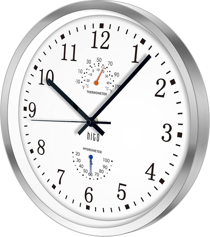 HITO 30,5 cm lautlose Wanduhr, batteriebetrieben, kein Ticken, Sweep-Uhrwerk, Glasabdeckung, silberf