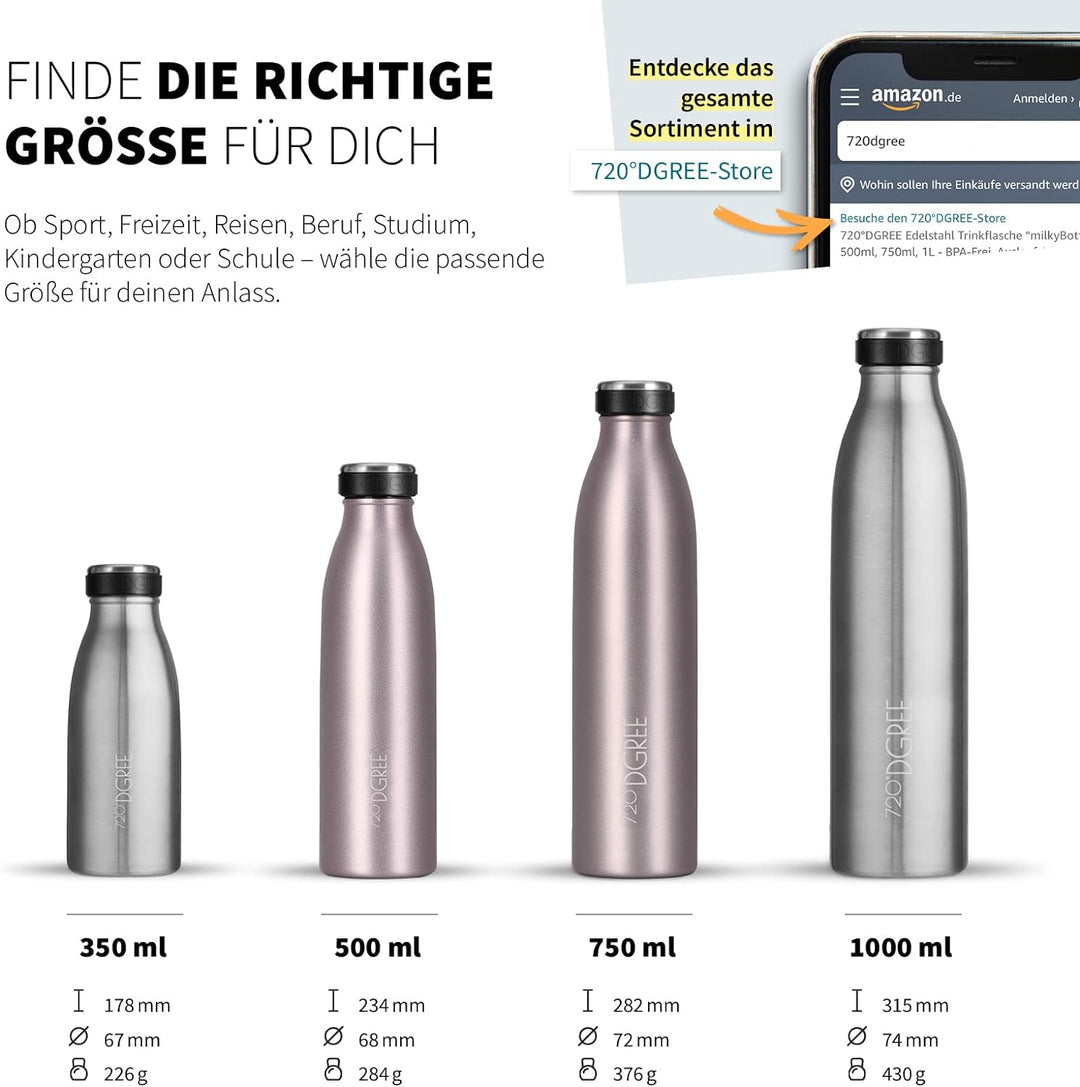 720°DGREE Edelstahl Trinkflasche “milkyBottle” - 750ml - BPA-Frei, Auslaufsicher, Kohlensäure geeign