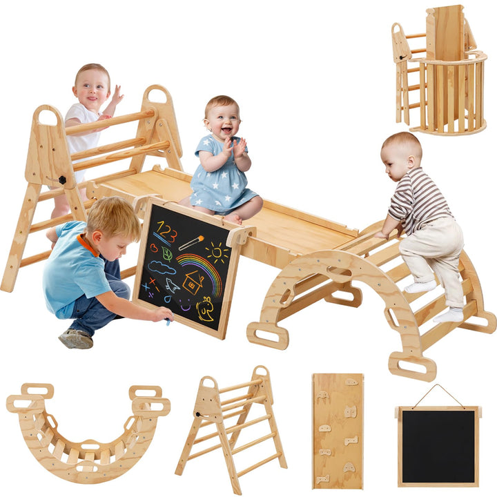6in1 Montessori Klettergerüst, Klettern Kinder Indoor mit Kletterbogen, Rutsche und Mini Kinder Malt