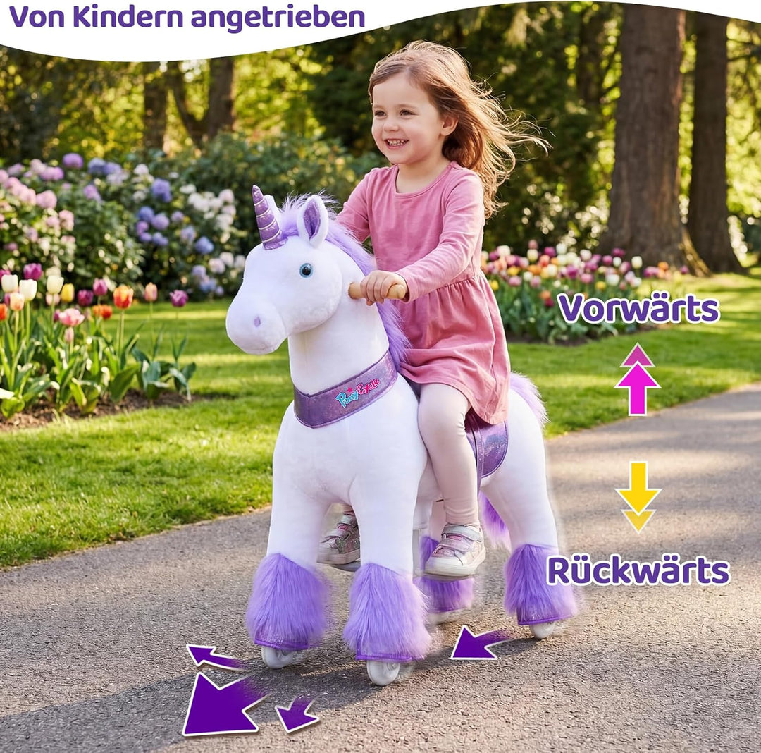 PonyCycle Einhorn zum Reiten für Kinder 3–4 Jahre, 76cm Hoch, Plüsch Einhorn auf Rollen mit Handbrem